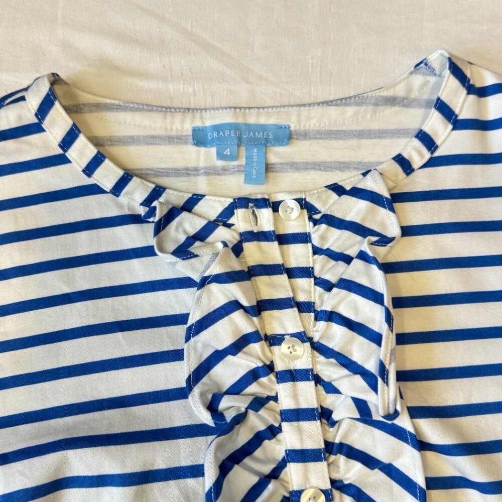 Draper James Blue Stripe Ruffle Shift Dress Bell Sleeve Size 4 Nautical Preppy - Picture 2 of 5